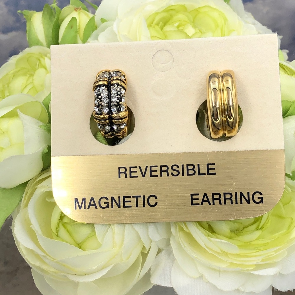Clip On Reversible 2 Tone Rhinestone Hoop Earrings